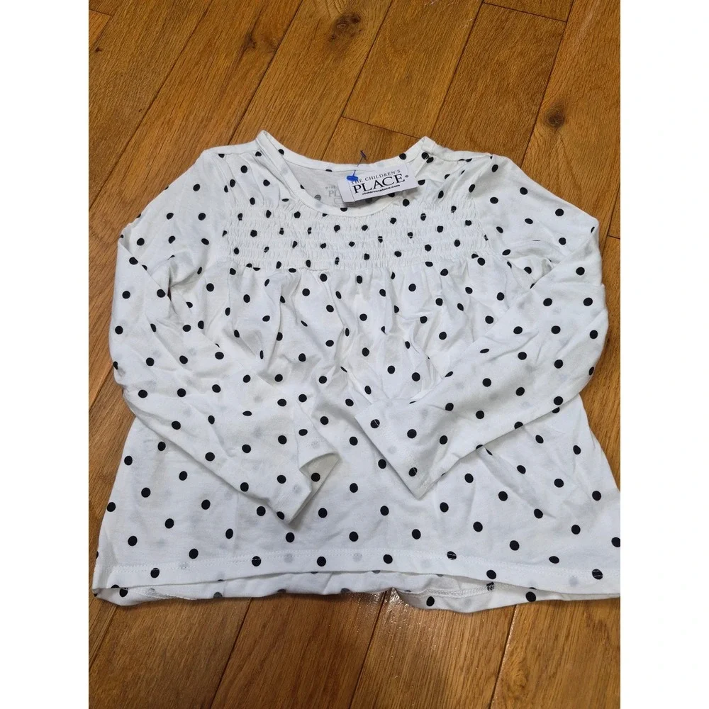The Childrens Place Girls White Black Polka Dot Smocked Long Sleeve Top 4T NEW